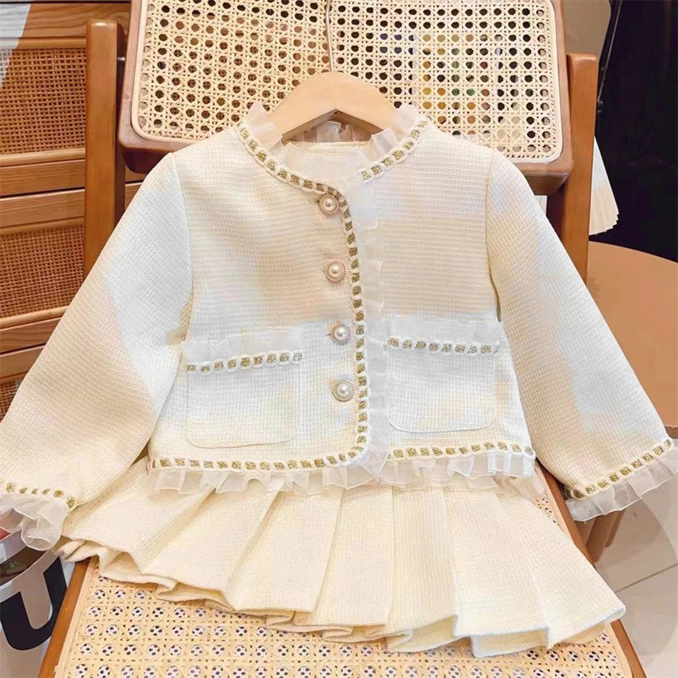 Stylish Spring Autumn Girl 2 Piece Clothing Set Mesh Overlay Jacket with Pleated Skirt Outfit for Cool Weather and School Events