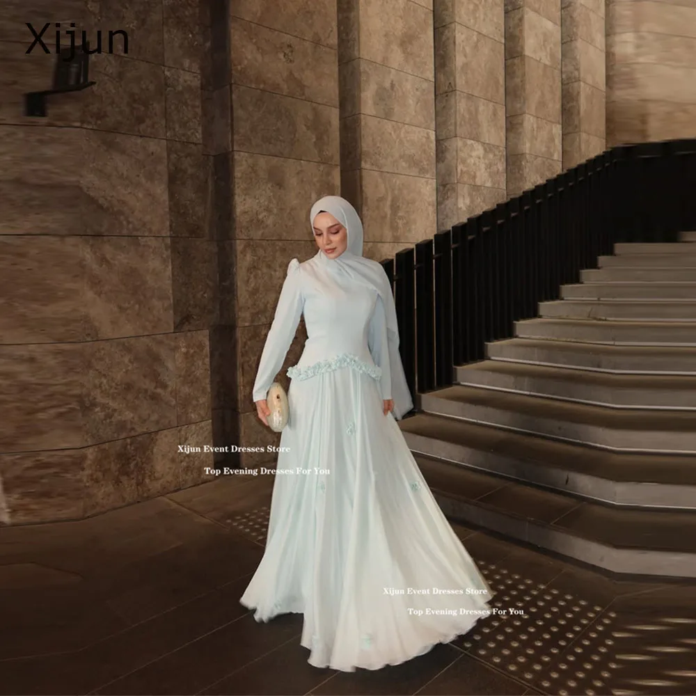 Xijun Modest Mint Green Long Evening Dresses 3D Flowers Full Sleeves Formal Prom Dresses A-Line Pleated Prom Gowns Customized
