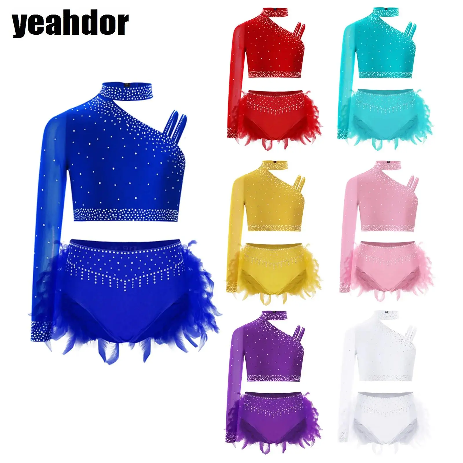 Kinder Mädchen Jazz Dance Outfits Strass Tops One Shoulder Crop Top Feder Slips Lyrical Latin Salsa Performance Dancewear