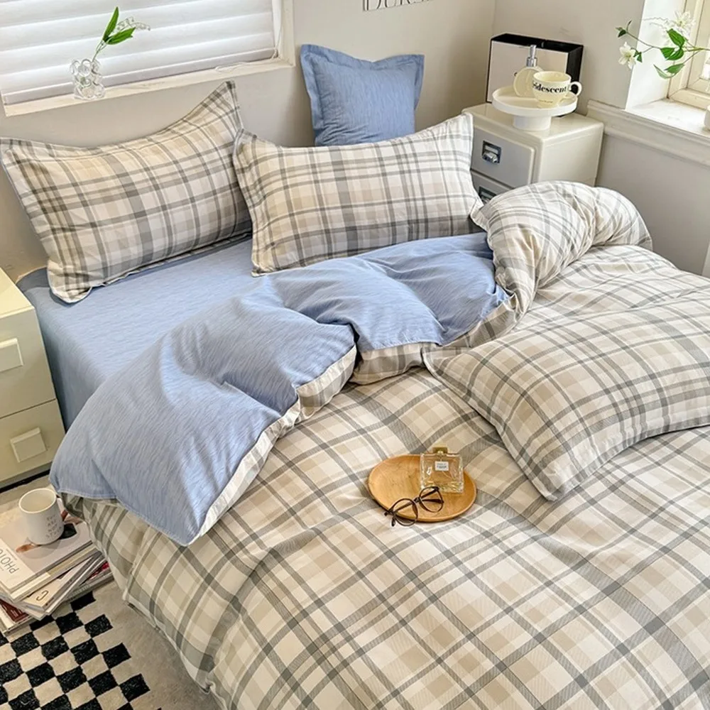2026 New Bedding Set Classic Plaid Duvet Cover Flat Sheet Pillowcases Simple Japanese Style Home Hotel Comforter Cover No Filler