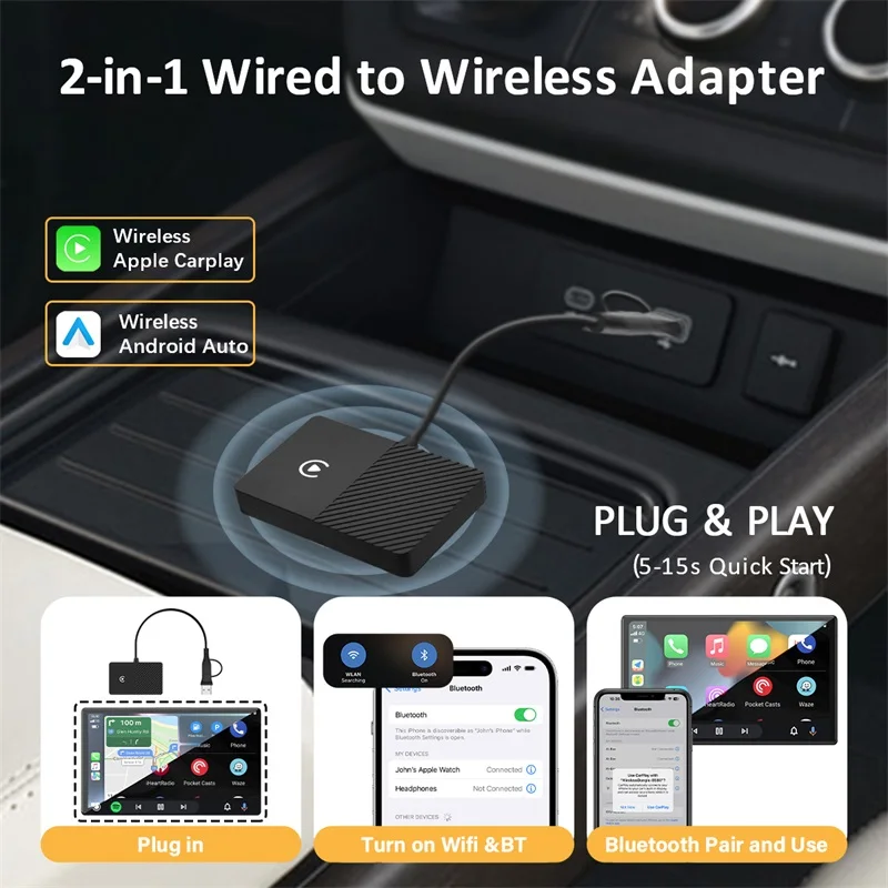 

2 в 1 CarPlay и Android Auto Mini Box Беспроводной адаптер CarPlay Проводной к беспроводному Carplay Plug and Play для USB/Type C Dongle