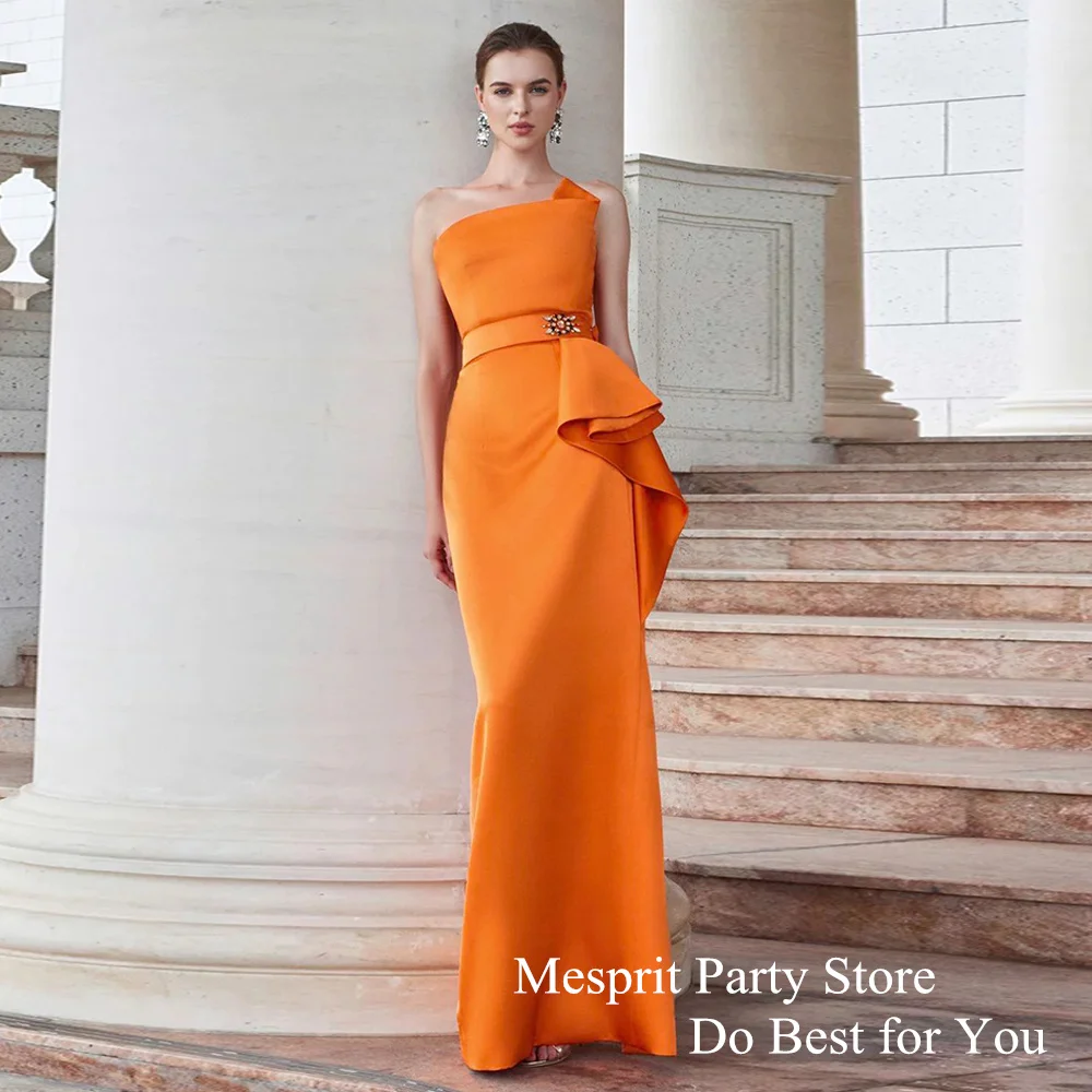 

Oragnge Prom Dress Strapless Sleeveless Beading Ruffle Floor Length Back Slit Modern Straight Evening Dresses Formal Party Gown