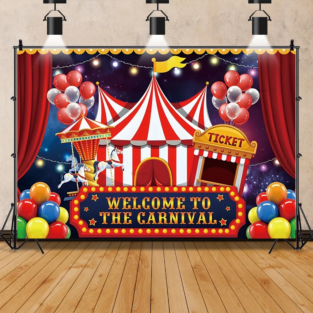 Circus Theme Party Backdrops for Newborn Baby Birthday Carnival Custom Photography Background with Balloon Ferris Wheel Decor