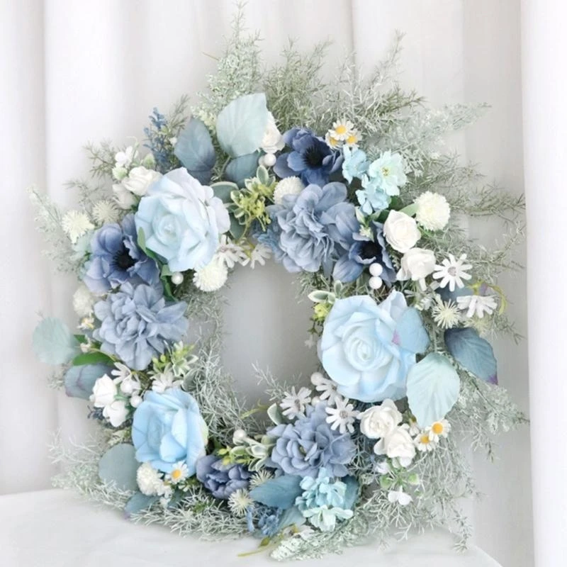 

20" Flower Wreath for Front Door Artificial Blue Rose Flower Wreath Winter Decor 15UB