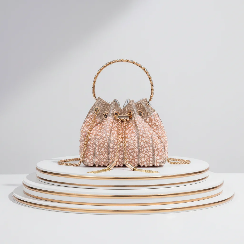 

Women's Golden Pearl Diamond-Encrusted Polyester Evening Party Bucket Bag with Single Shoulder Crossbody Strap Dinner Bag 17 cm