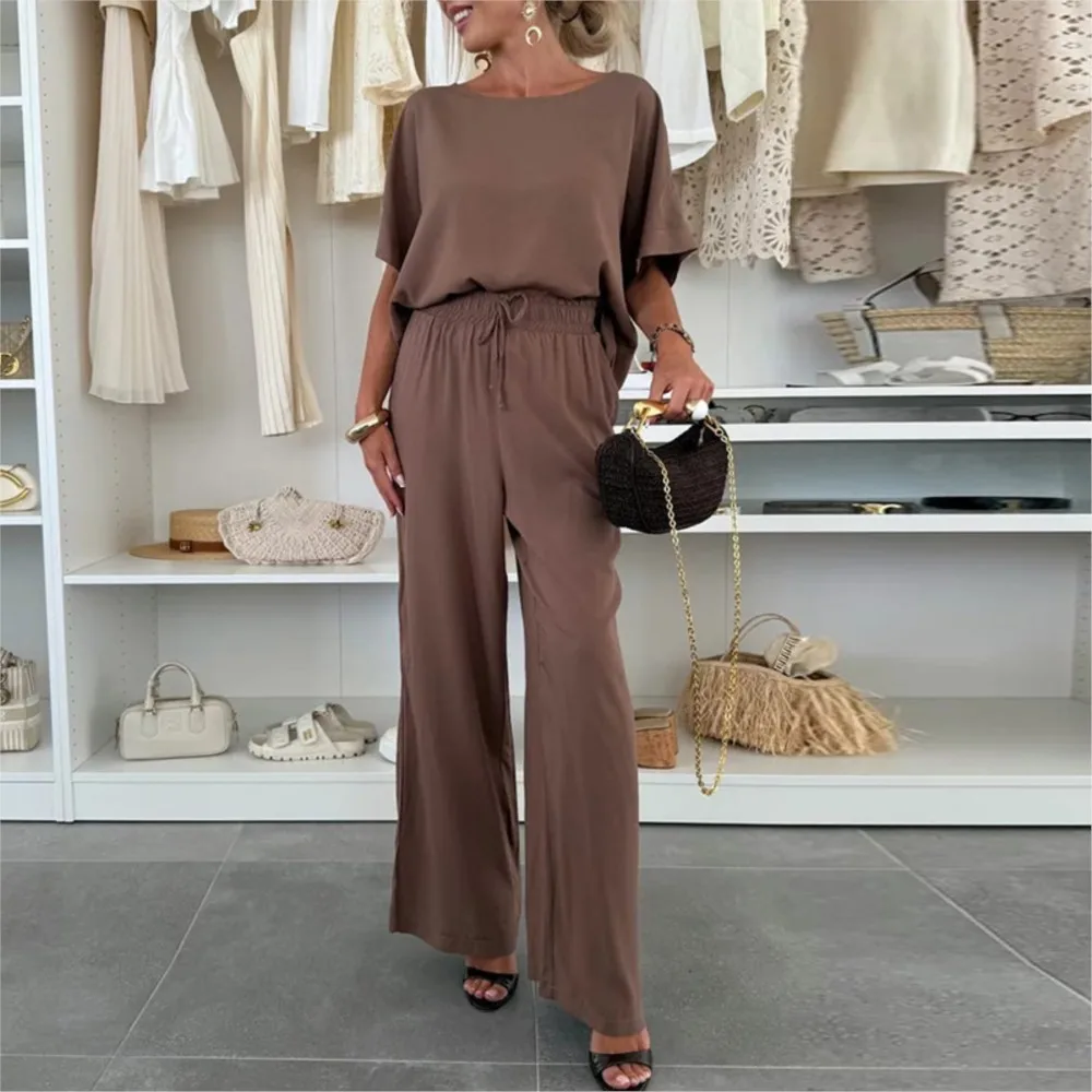 

Summer Casual Solid color New Fashion 2 Piece Set Round Neck Short Sleeve Lace-up Basic Daily Pants Suits Commuting Women's Suit