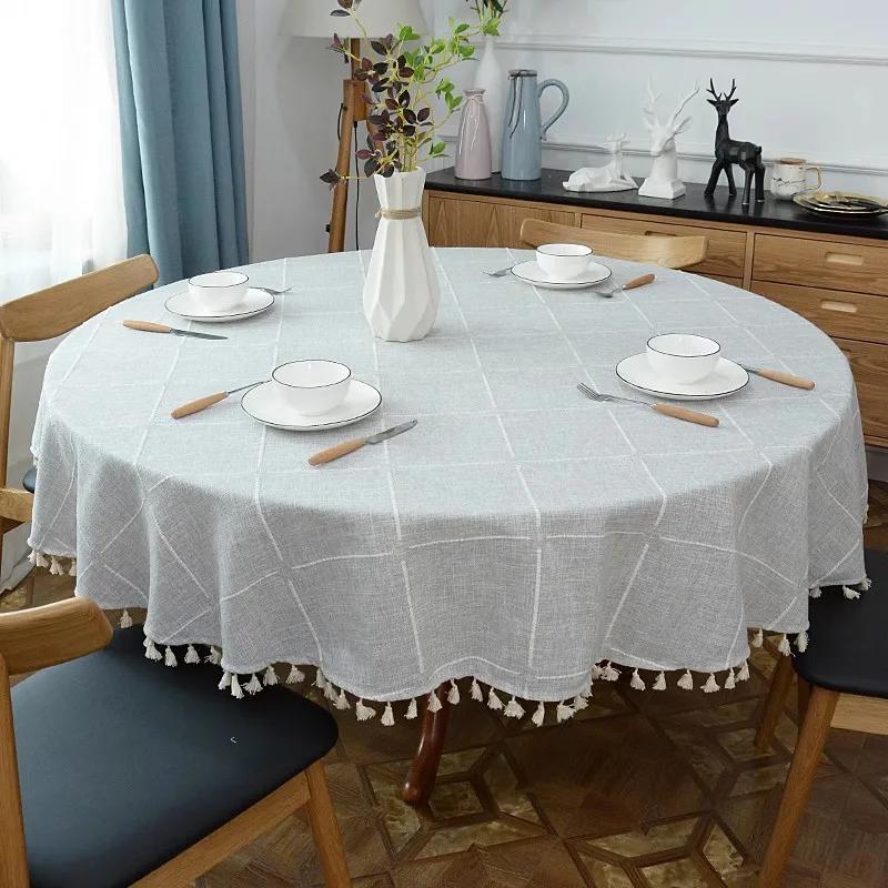 

New Nordic Style Solid Color Table Cloth Washable Round Tassel Checkered Tablecloth Table Cover Decor Home Simplicity Tablecloth