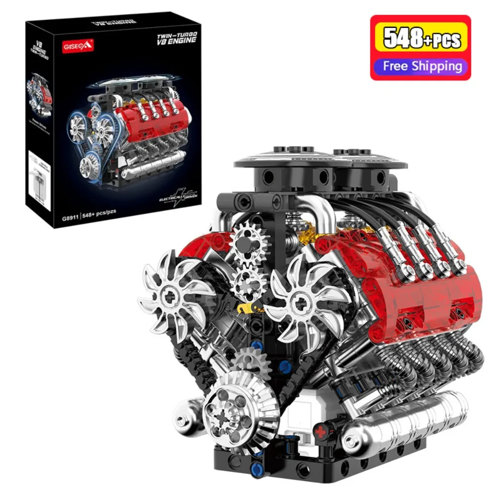

548Pcs V8 Engine Building Blocks Set Motorized Electric Drive Twin Turbo Assembly Bricks Educational STEM Toys for Adults Kids