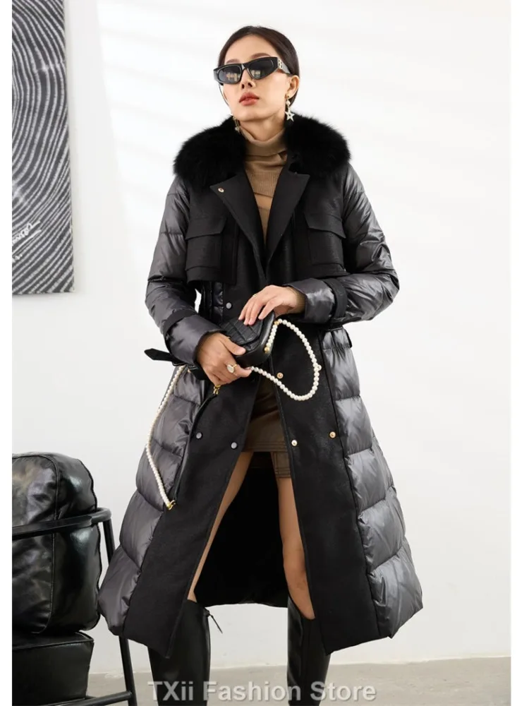 TXii Fashion Women Winter Wool Coats 2023 New Lady Fashion Trench Coat Fox Fur Collar Down Coat Long Female Outwear