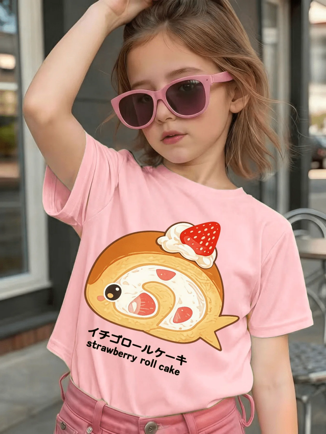 Cute Strawberry Roll Cake Cartoon Graphic Kids Tee Boys Girls Family Matching Cotton Crew Neck Short Sleeve Soft Summer Tee