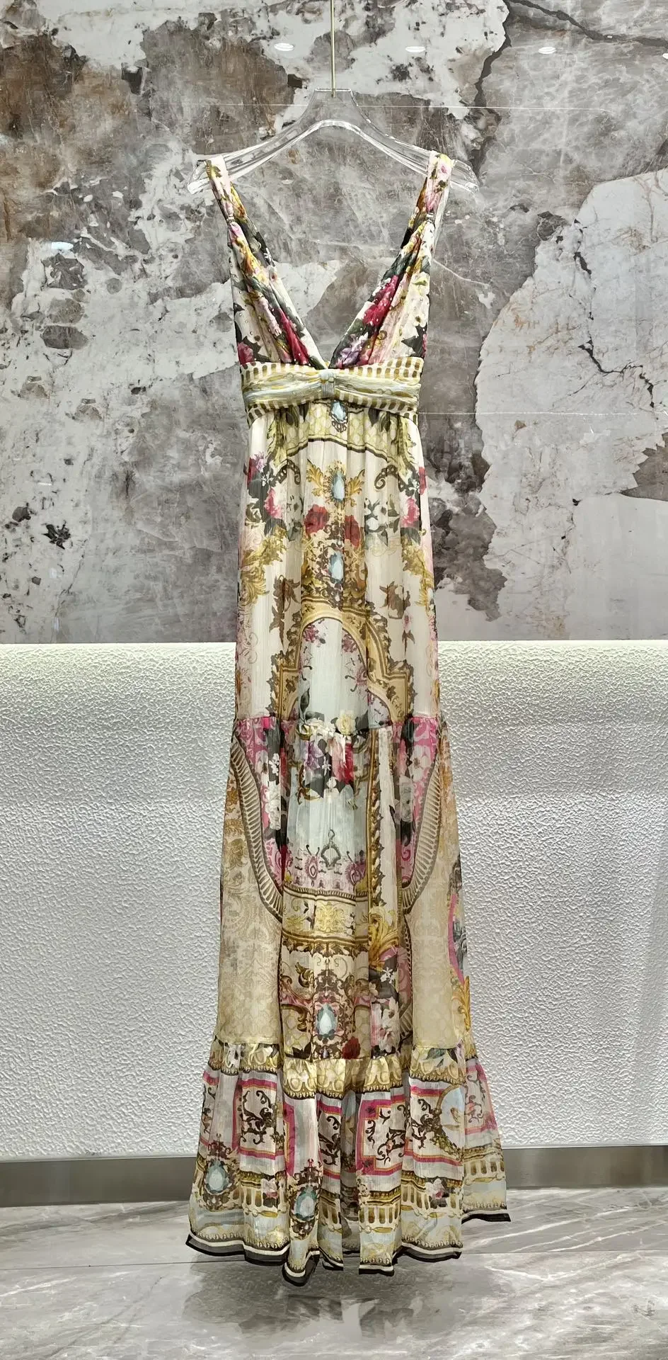 

Women Strapless Robe 100% Silk Beaded V-Neck Sleeveless Elegant Midi Dress