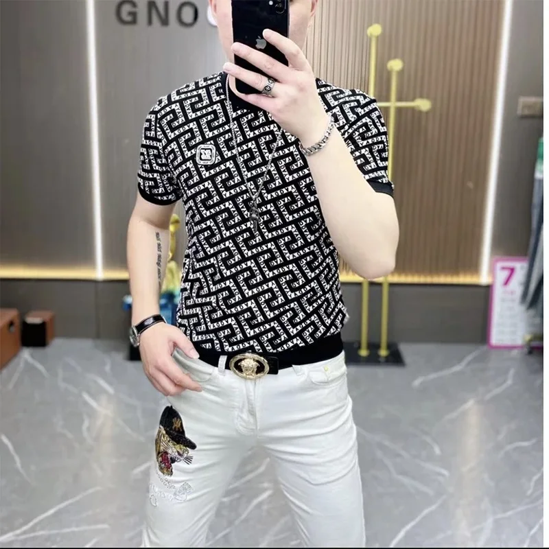 Summer T Shirt Men Casual T-Shirt Geometric Printed O-neck Tops Tees Mesh Breathable Streetwear Social T-shirts Men Clothing