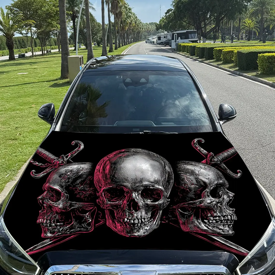 Car Decals Three Skulls & Crossbones Car Hood Sticker, Waterproof Self - Adhesive Vinyl Graphics Decals, Decorative Protective &