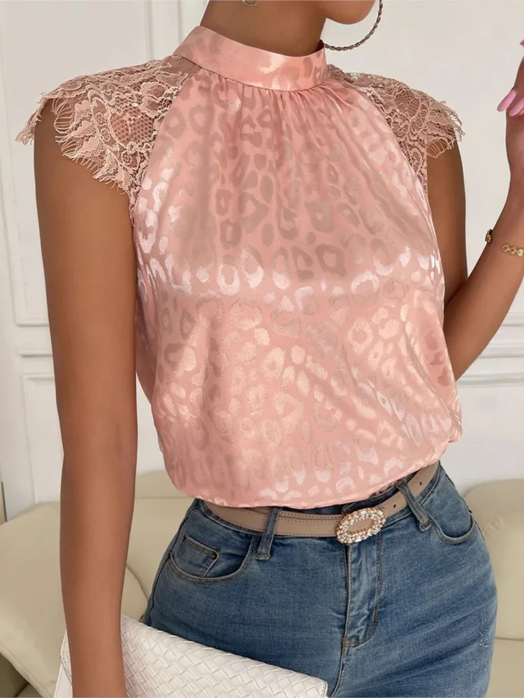 2026 気質シャツブラウス女性のための Blusas トップス婦人服カジュアルスリムレースパッチワークヒョウ柄ハーフハイカラー
