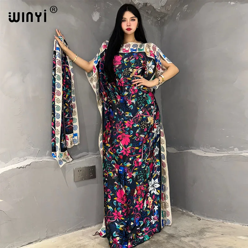 

WINYI summer boho print Africa dress for women Dubai Muslim Dashiki abaya holiday Design With belt evening dress party kaftan