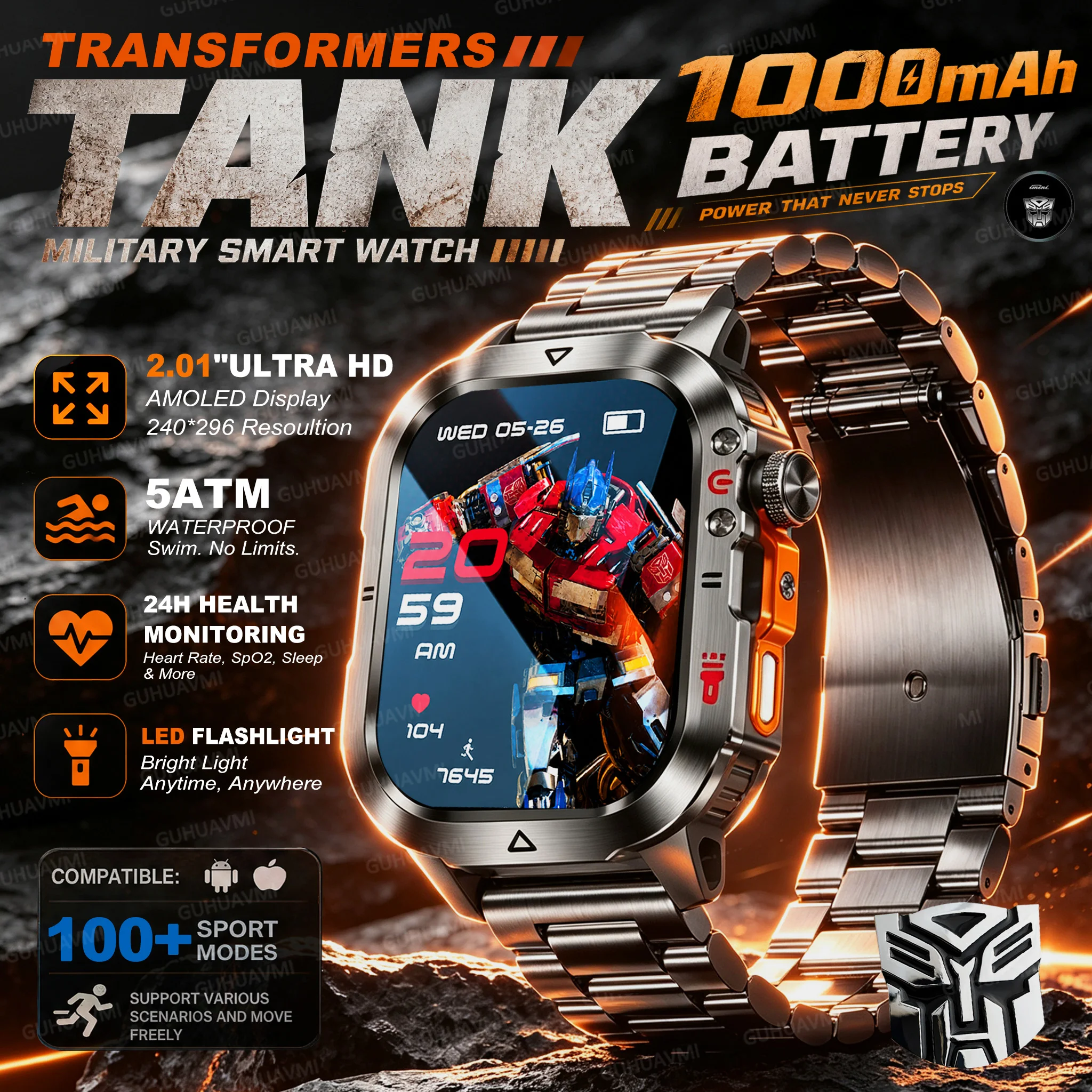 Transformers Tank Military Smart Watch 1000mAh 5ATM Waterproof LED Flashlight 100+ Sports Modes 2.01