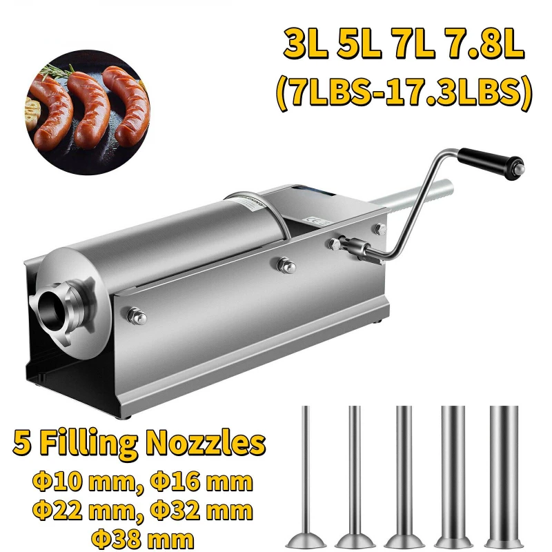 

Commercial Manual Sausage Stuffer Filler Machine W/ 4 Nozzles 3L-7.8L Stainless Steel for Making Sausage Hot Dog Bratwurst