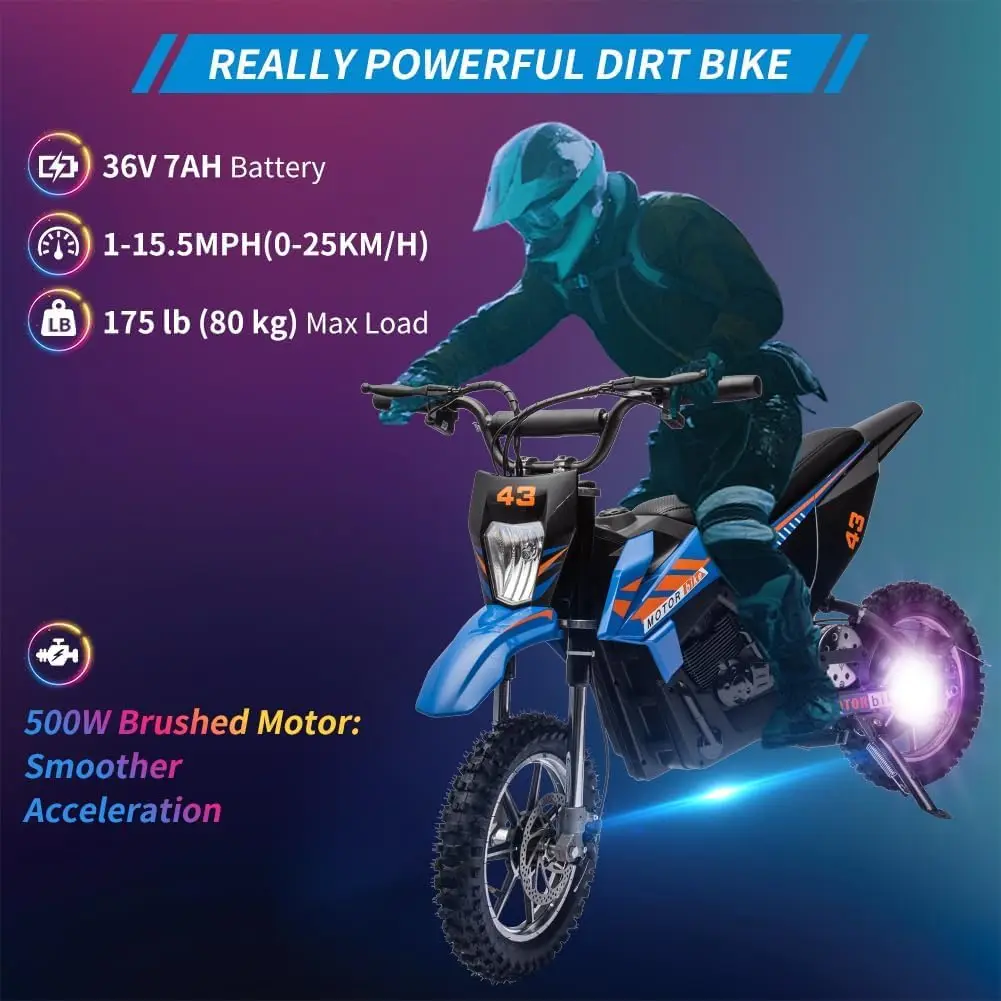 36V Electric Dirt Bike with 500W Strong Motor for 5-12 Years 15.5MPH Fast Speed Battery-Powered Off-Road Motorcycle with LED Headlight Handbrake Twist-Grip Throttle Max Load 175 LBS