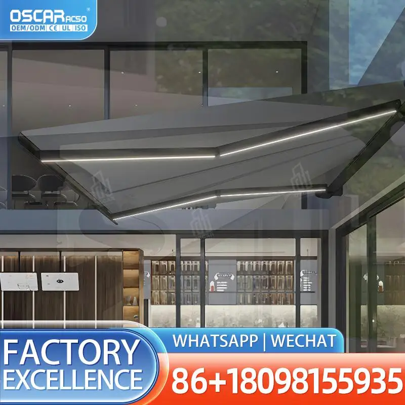 

Выдвижной навес для улицы, сада, балкона с алюминиевым каркасом, водонепроницаемой тканью и подсветкой