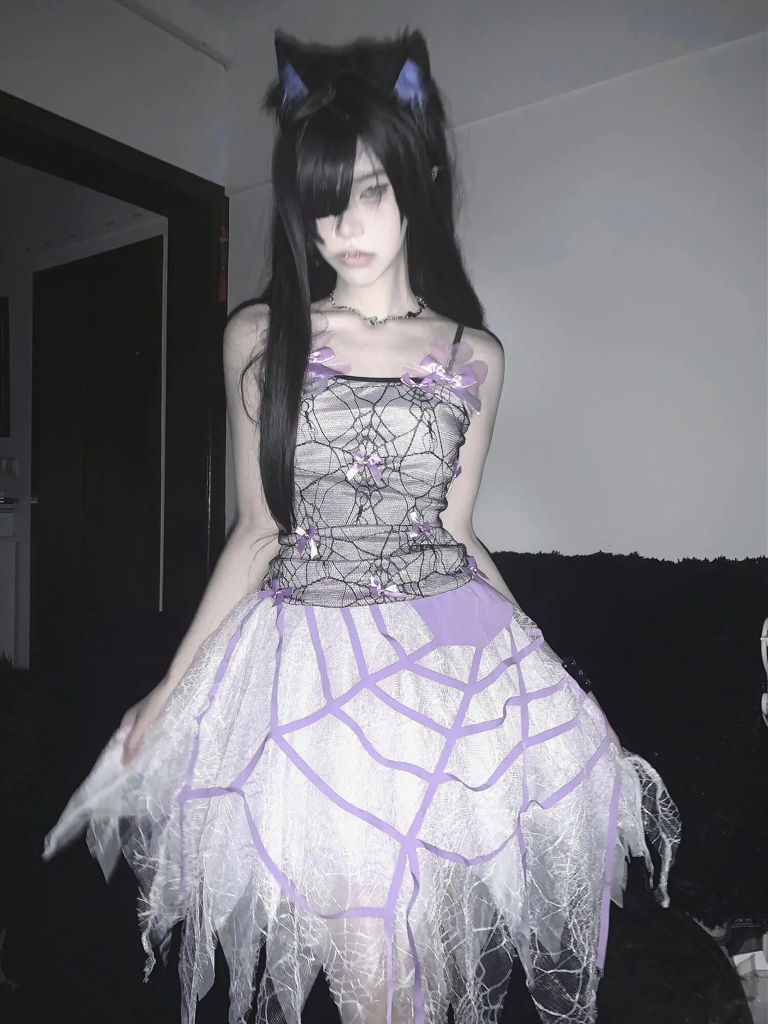 Grigio Viola Sottocultura Fiocco in pizzo Industria pesante Ragazza ragno Taglio creativo Mezza gonna Abito da ballo Ragnatela Balletto