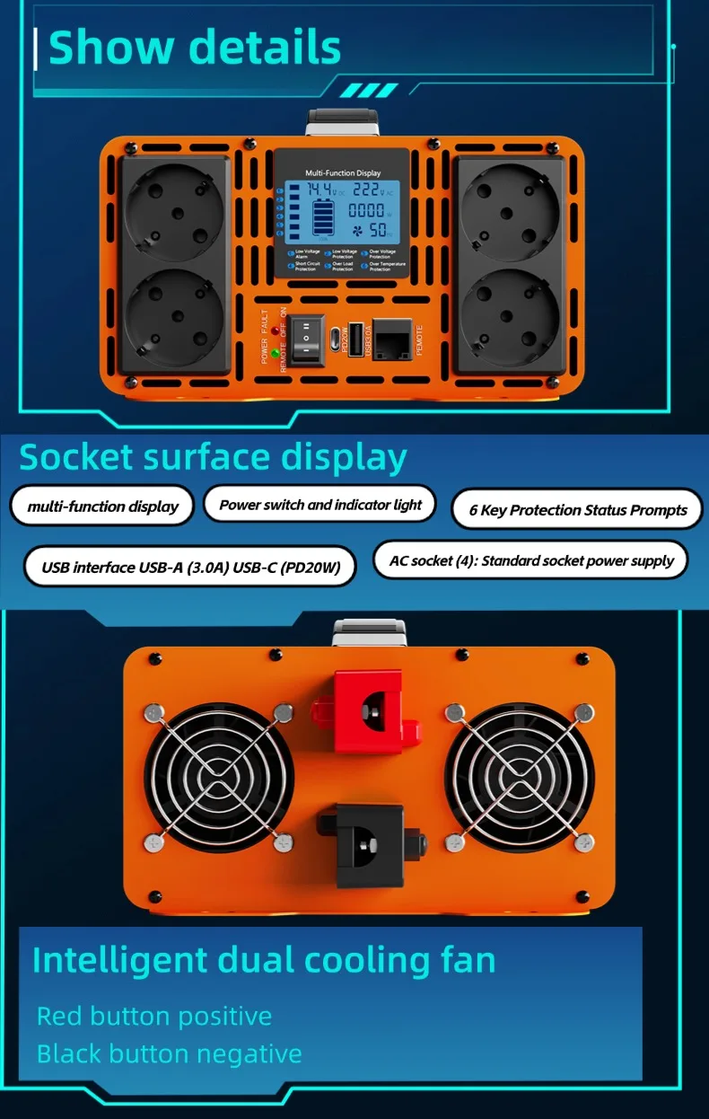 Pure Sine Wave Inverter 12V/24V → 220V 3000-12000W | Wired Remote + LCD Display | RV • Solar • Home Backup