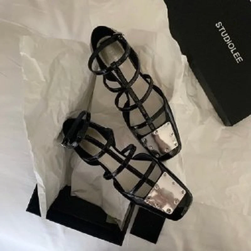 Summer Sexy High Heels Square Toe Women's Sandals Shoes Fashion One Word Buckle Metal Decorative High-heeled Shoes Women's Shoes