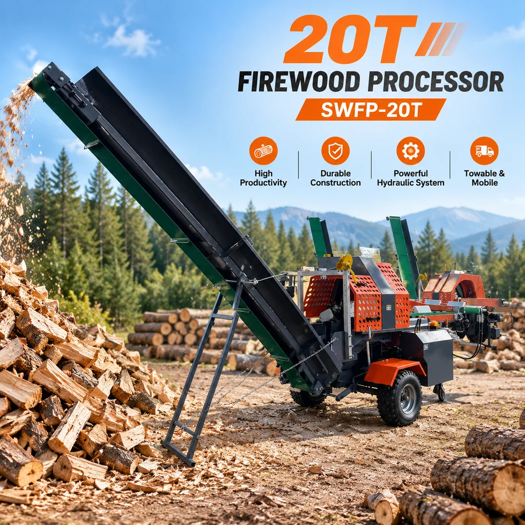 20T Firewood Processor with Hydraulic Wood Fixing 2400mm Feeding Conveyor and 3200mm Rear Conveyor
