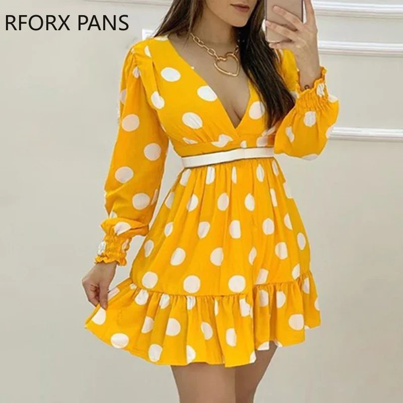 ผู้หญิงVคอPlunge Polka Dots Shirring Design Ruched Ruffles Casualชุดฤดูร้อนชุดMini Elegant DRESS