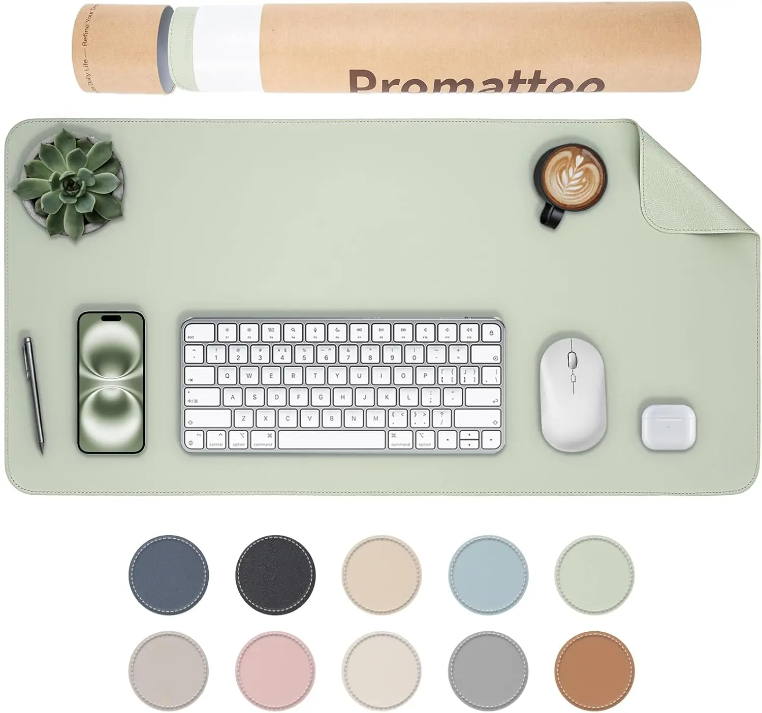 

Большой водонепроницаемый коврик для стола - нескользящий коврик из веганской кожи для ноутбука, клавиатуры и мыши, защита для офисного стола в цвете матча-зеленый