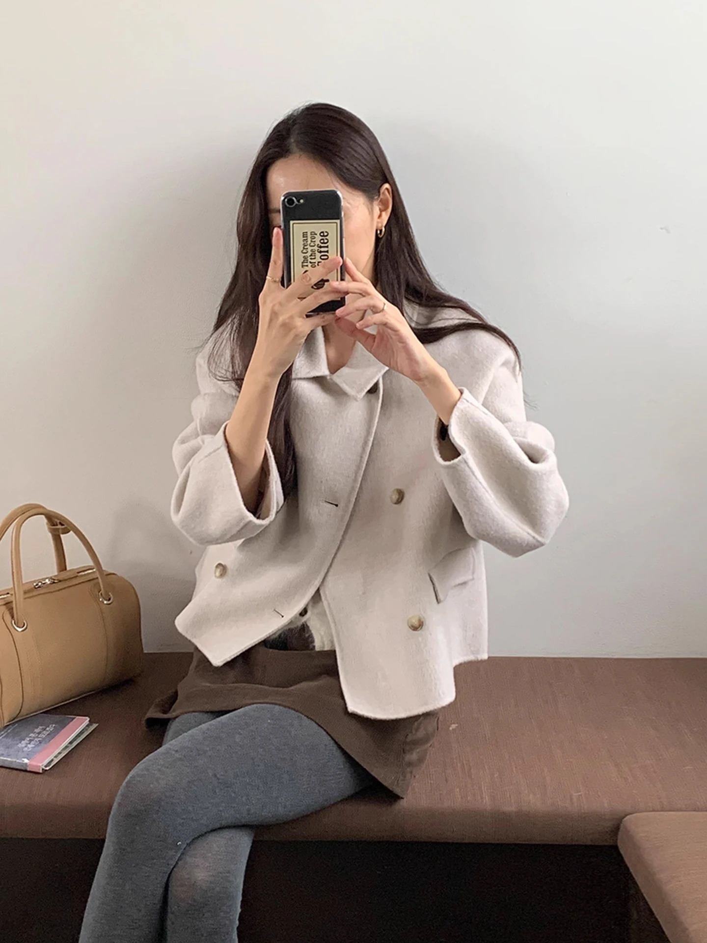 

Chic Autumnal Soft Elegance Turn-down Collar Double-breasted Loose Versatile Long Sve Color Woolen Coat for Women