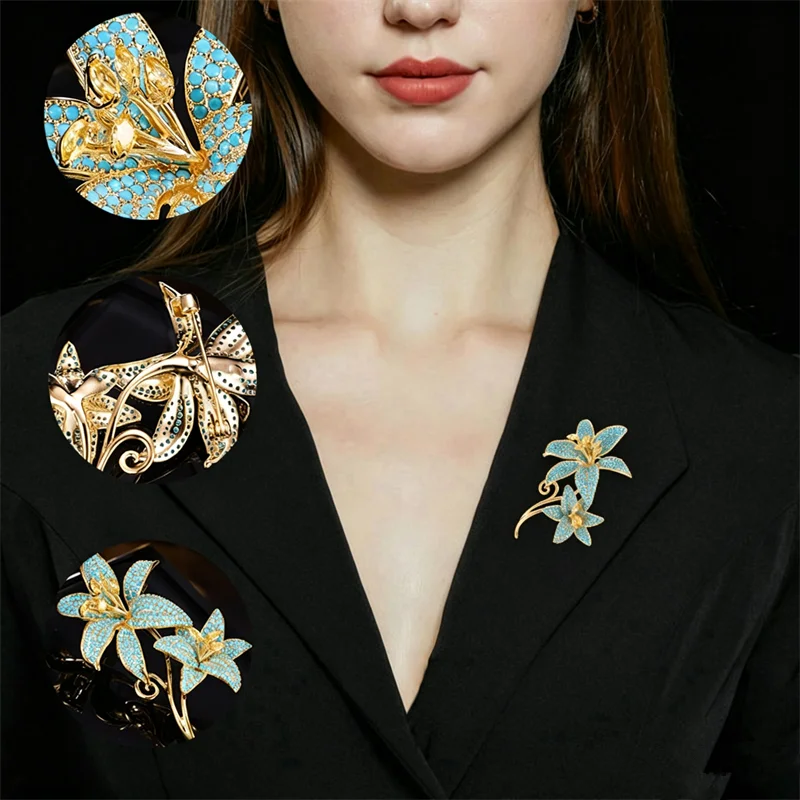 Elegant Women Brooch Inlaid Blue Turquoise Retro French Style Light Luxury Noble Temperament Suit Scarf Fixed Lapel Pin Ornament