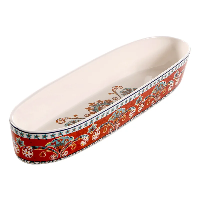 Oval Nut Snacks Fruit Plate Ceramic Craftsmanship Underglaze Ribbon Plate Decorative Dried Fruit Plate Party Tableware