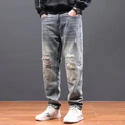 Pantalones vaqueros de moda de primavera y otoño para hombre, pantalones sueltos, rectos, rasgados, con parche, informales, con personalidad