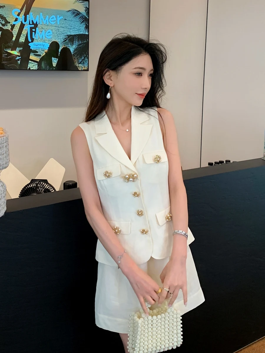 Linen Lapel Sleeveless Top High Waist Shorts 2024 Summer Clothes New Fashion Commuter Elegant Outfit Ladies Two-Piece Set