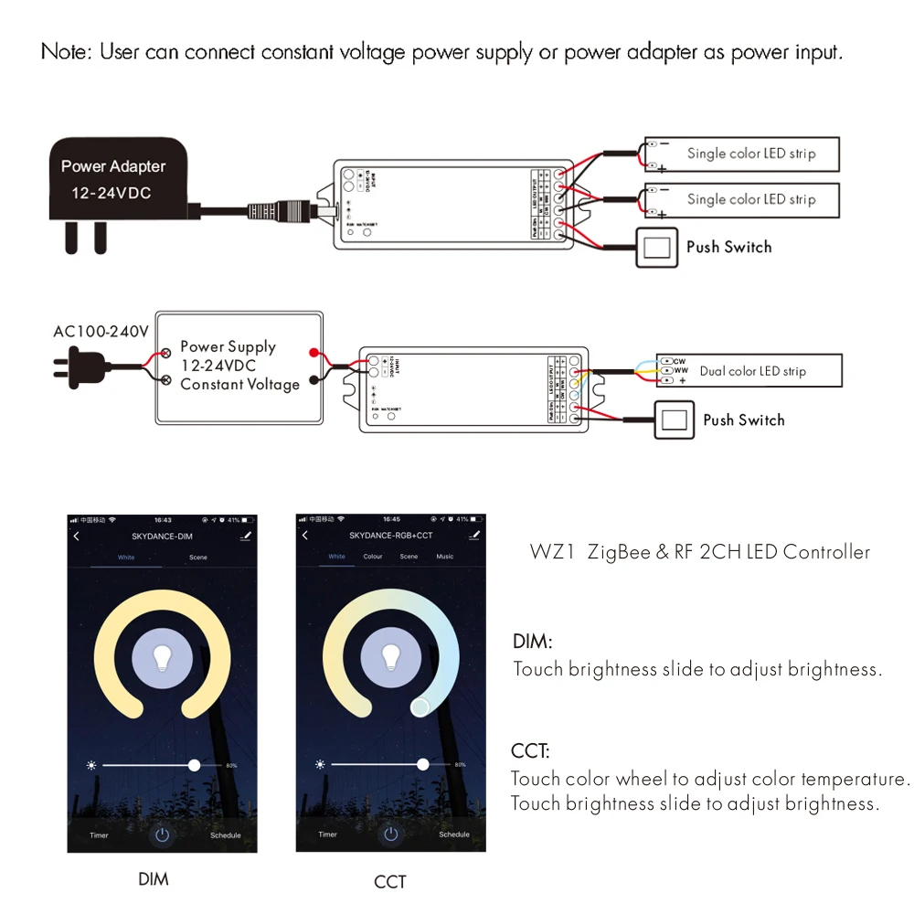 2 in1 Tuya Smart Life WiFi LED kontroler 12V 24V ściemniacz ct WWCW Strip Light 2.4G 4-strefowy Panel dotykowy RF pilot do Alexa Google