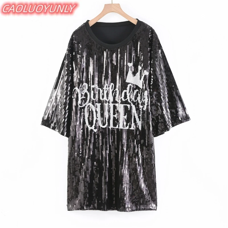 

Summer High Quality Streetwear Sequins Letter Geometric Short Sleeve T-Shirt Hip Hop Round Neck Straight Loose Women' Wears