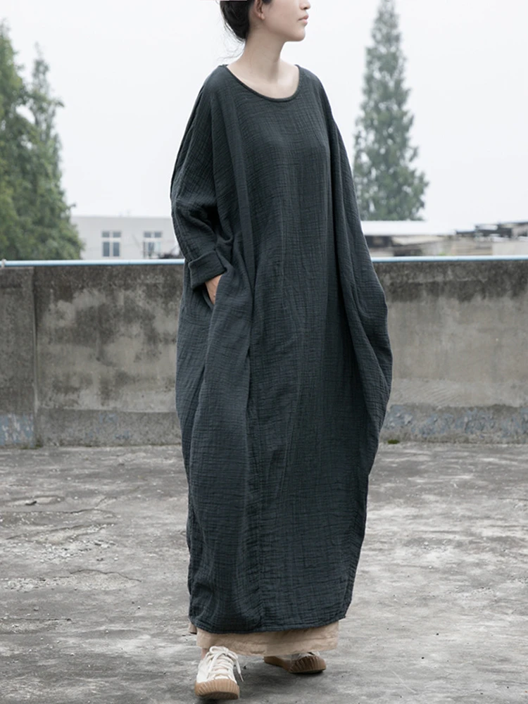 

Oversized Women Cotton Linen Long Dress New 2025 Spring Vintage Style O-neck Solid Color Loose Female Casual Dresses M1533