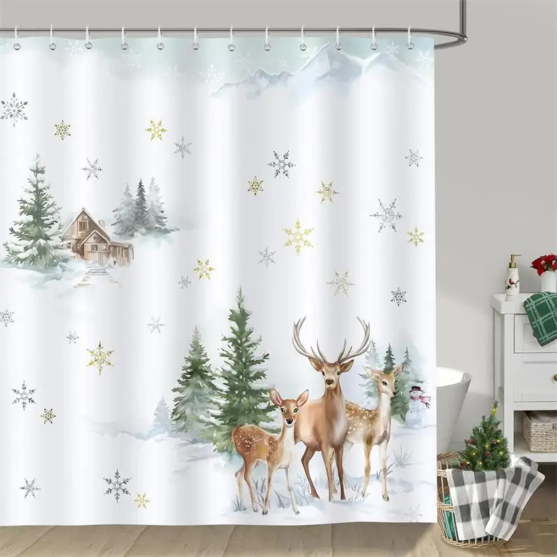 Winter Pine Tree Shower Curtain Deer Red Bird Snowy Forest Christmas Holiday Bathroom Decor Bath Curtains Polyester with Hooks