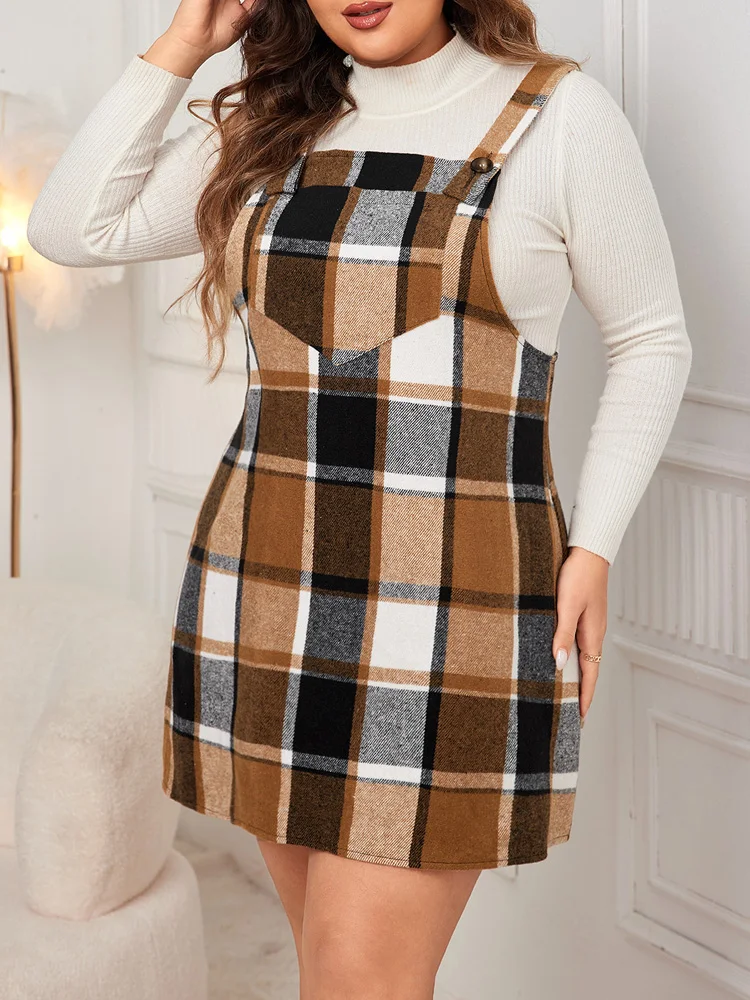 GIBSIE Plus Size Plaid Strap Dress Women New 2024 Autumn Winter Vintage Sleeveless Loose Mini A-Line Dresses Female Vestidos