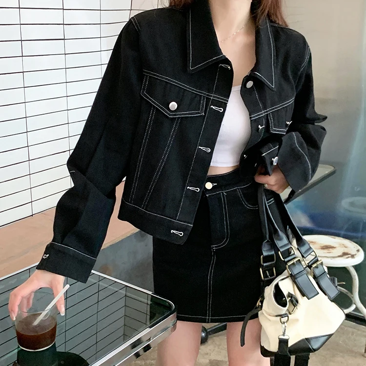 Autumn Winter Denim Two-piece Set For Women Lapel Collar Jacket Tops And Pencil Skirt Female Large Size 3XL Black Matching Suits