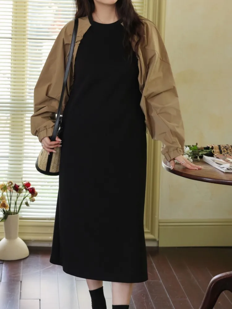 Primavera falso dos piezas patchwork camisa vestido mujeres coreano suelto elegante vintage señoras vestidos ropa mujer