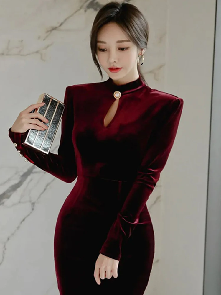 Vestidos cortos de Navidad Vintage de terciopelo coreano para mujer, ropa elegante, Sexy, de manga larga, minivestido ajustado, Vestidos de Año Nuevo