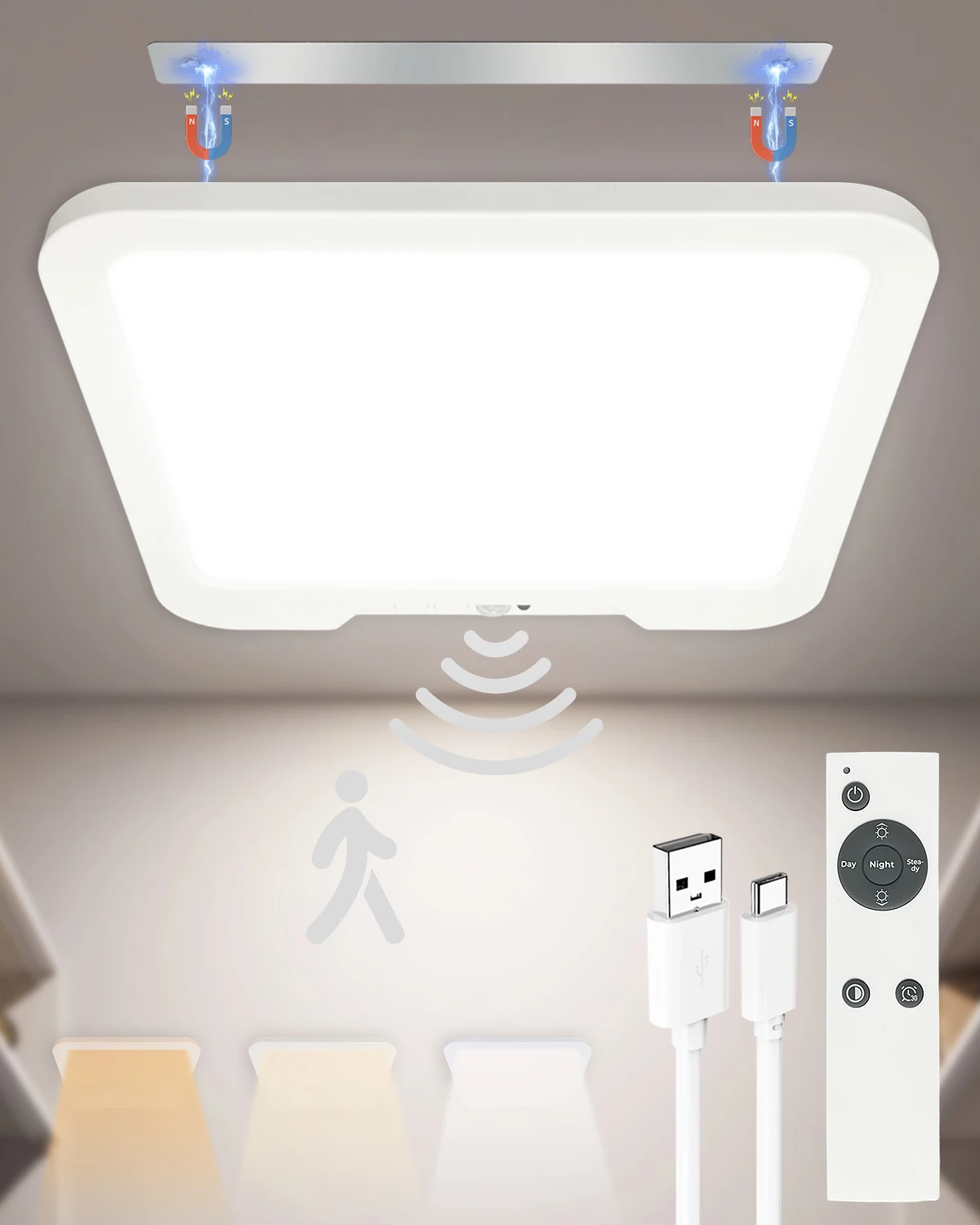 3 Colors Ceiling Light Rechargeable Dimmable Remote Control Timer Wireless LED Flush Mount Ultrathin Motion Sensor Ceiling Lamp