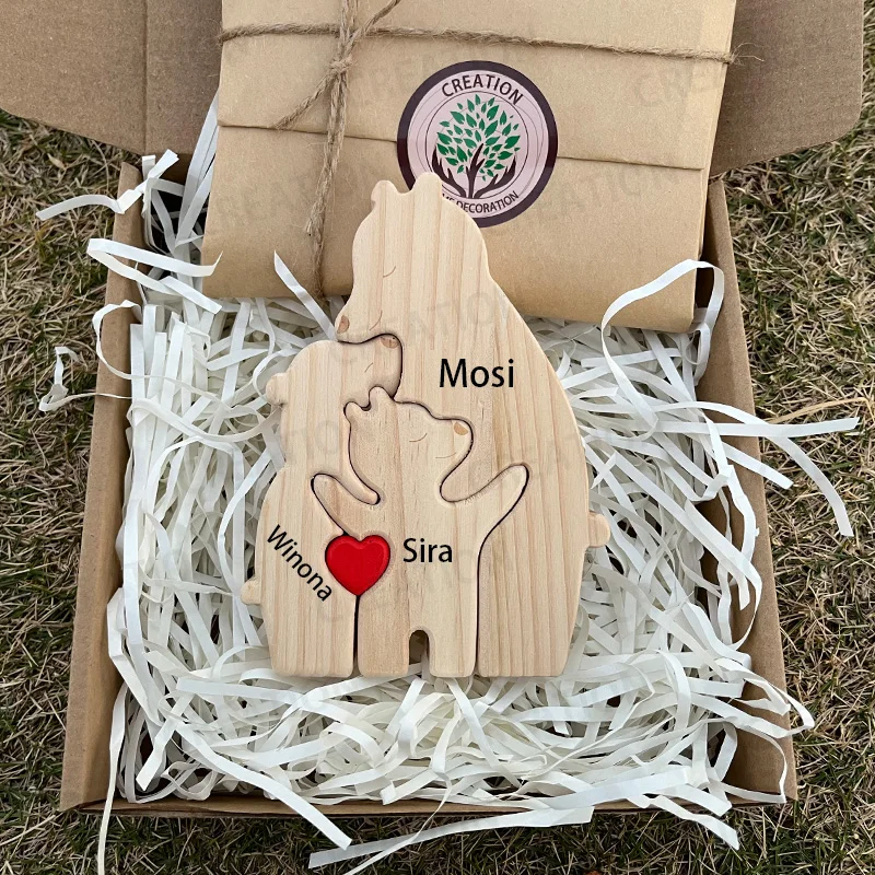 Customizable 3D Wooden Bear Art Decor Laser-Cut Handcrafted Warm Sentimental Gift for Mom Family