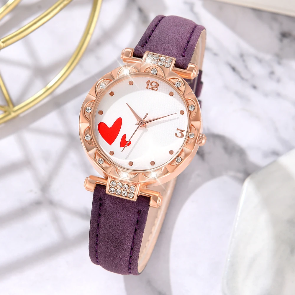 5 PCS Quartz Watch Set Purple PU Imitation Leather Strap Watch Heart Fashion Versatile Alloy Accessory Set