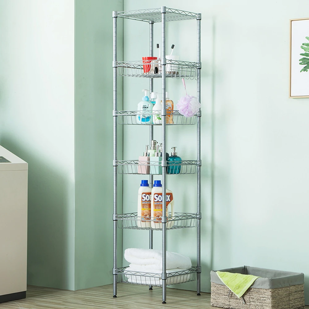 Aço Carbono e PP Storage Rack, Conciso 6 Camadas, Cinza Prata