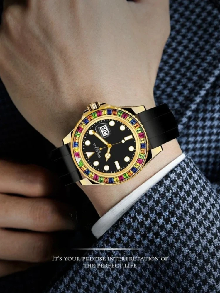 2025 ساعة رجالية فاخرة ملونة بإطار الماس سيليكون مقاوم للماء حزام كوارتز ساعة تقويم مضيئة للرجال