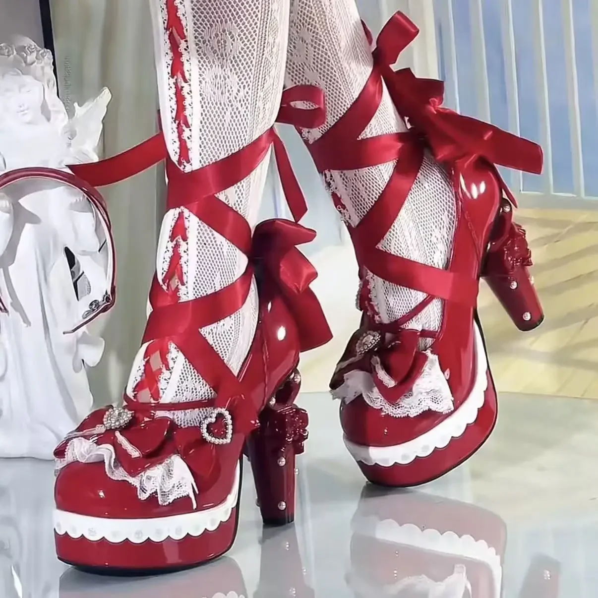 

2025 Original Sweet Lolita High Heels Fairy Japanese Style Cosplay Women Leather Shoe 5cm Design Bow Rhinestone Street Y2k