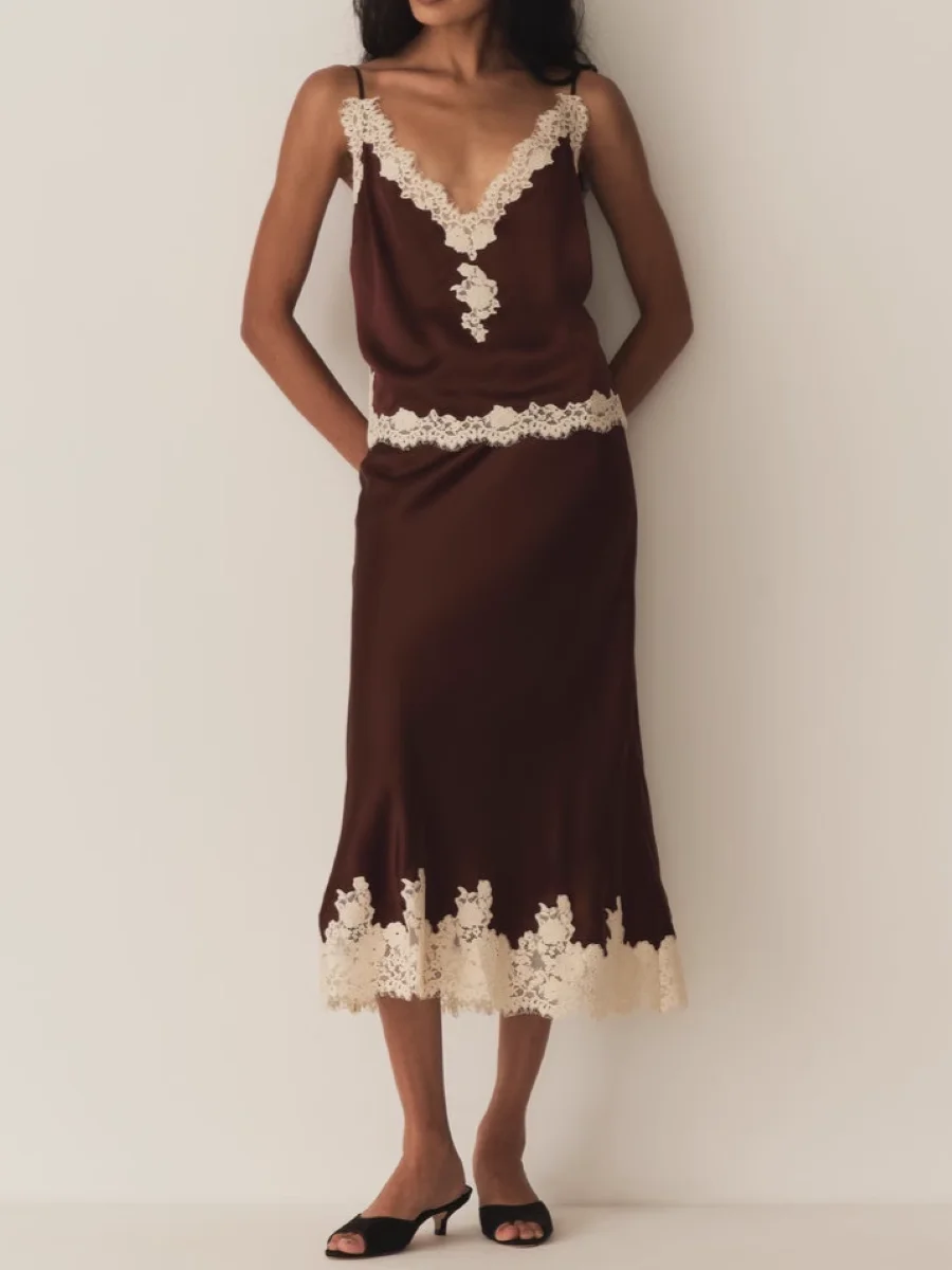Renda bordado retalhos feminino conjunto de seda 2025 novo decote em v sem mangas camisola + cintura alta a linha midi saia elegante terno feminino