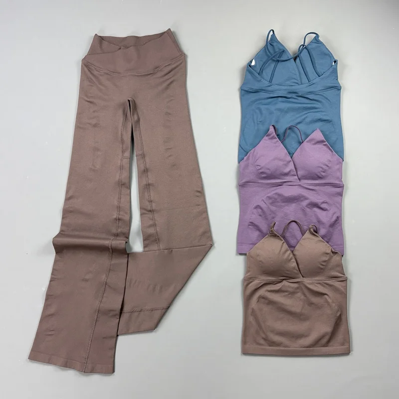 2Pcs Women Seamless Yoga Workout Sets Thin Strap Tank Top Cross Waist Flare Hip Shaping Leggings Gym Running Pilates Sport Suit